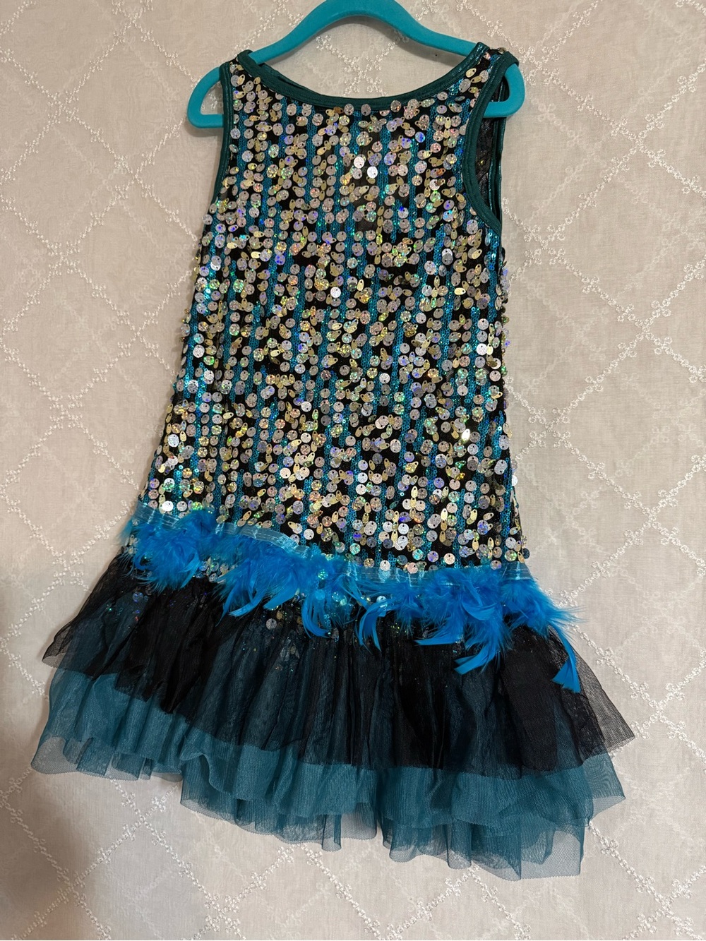 Kids Teal Sequin Feather Party Dress